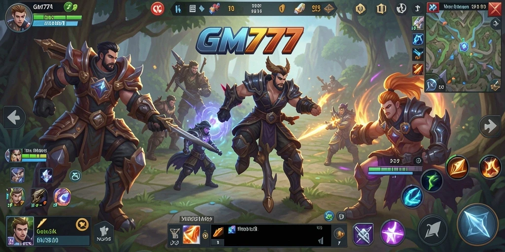 Screenshot GM777 yang menampilkan aksi pertempuran MOBA yang intens.