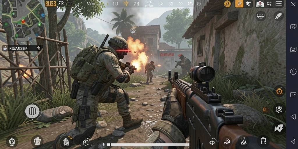 Gameplay intense RUSA33 dalam aksi tembak-menembak.